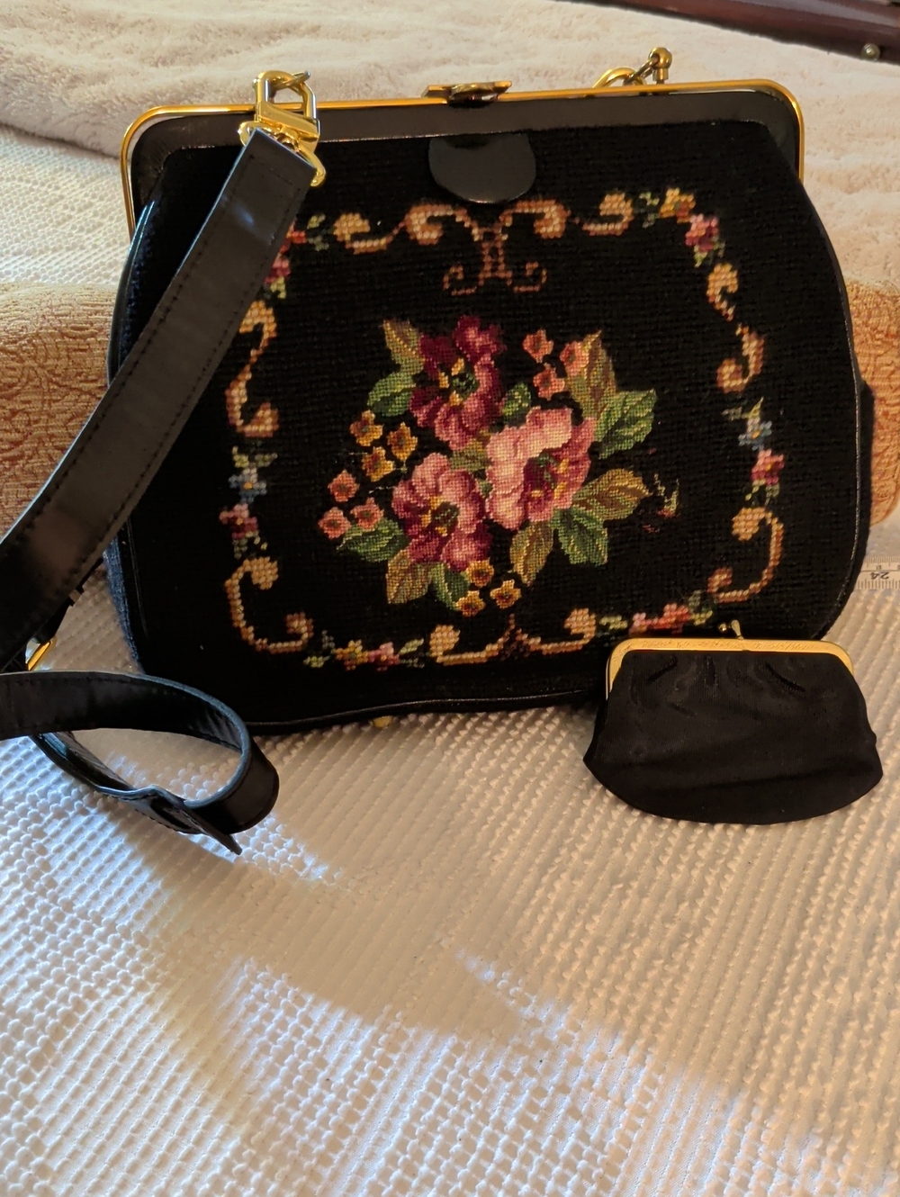 Vintage Floral Needlepoint Black Shoulder Bag with Coin Purse